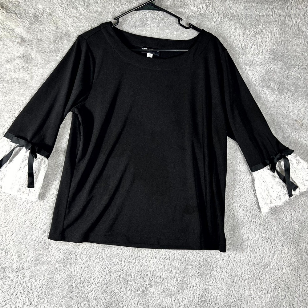 Karl Lagerfeld Paris Blouse Top Womens Medium Black Pullover Round Neck Casual